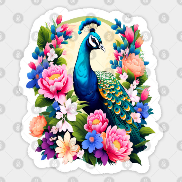 A Cute Peacock Surrounded by Bold Vibrant Spring Flowers Sticker by BirdsnStuff
