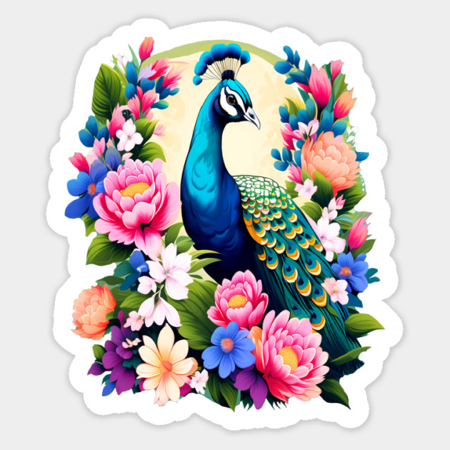 A Cute Peacock Surrounded by Bold Vibrant Spring Flowers Magnet by BirdsnStuff