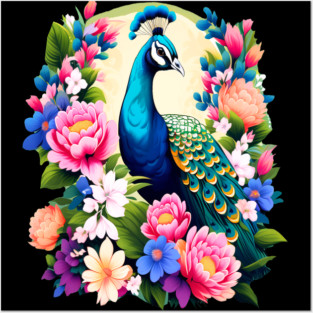 A Cute Peacock Surrounded by Bold Vibrant Spring Flowers Posters and Art