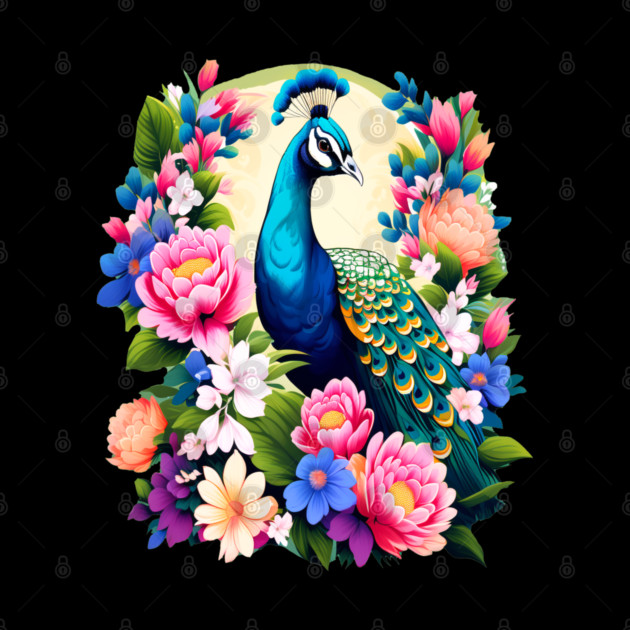 A Cute Peacock Surrounded by Bold Vibrant Spring Flowers by BirdsnStuff