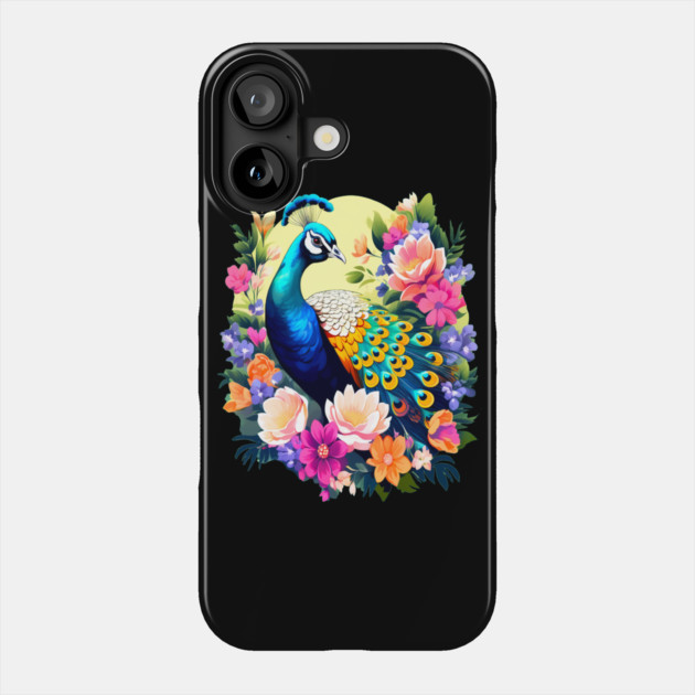 A Cute Peacock Surrounded by Bold Vibrant Spring Flowers Phone Case by BirdsnStuff