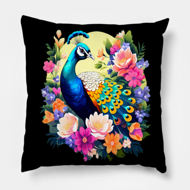 A Cute Peacock Surrounded by Bold Vibrant Spring Flowers Pillow by BirdsnStuff