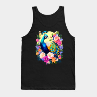 A Cute Peacock Surrounded by Bold Vibrant Spring Flowers Tank Top
