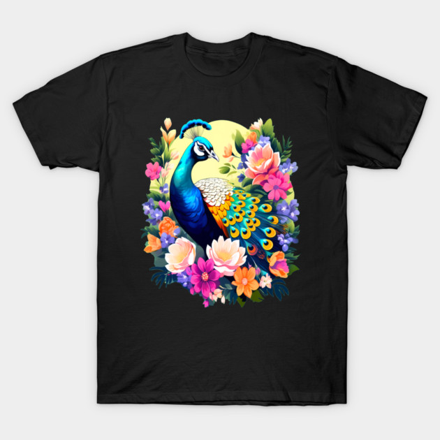 A Cute Peacock Surrounded by Bold Vibrant Spring Flowers T-Shirt by BirdsnStuff