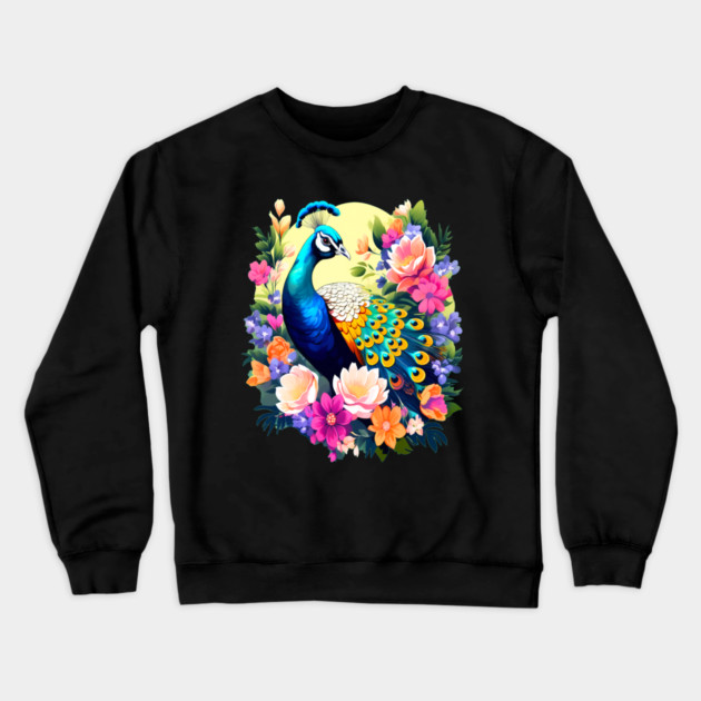 A Cute Peacock Surrounded by Bold Vibrant Spring Flowers Crewneck Sweatshirt by BirdsnStuff