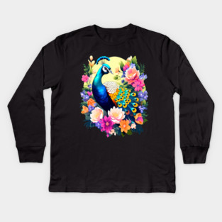 A Cute Peacock Surrounded by Bold Vibrant Spring Flowers Kids Long Sleeve T-Shirt