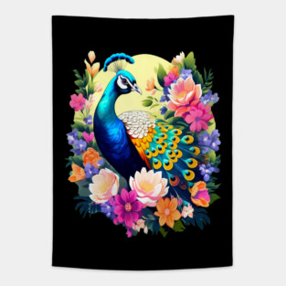 A Cute Peacock Surrounded by Bold Vibrant Spring Flowers Tapestry