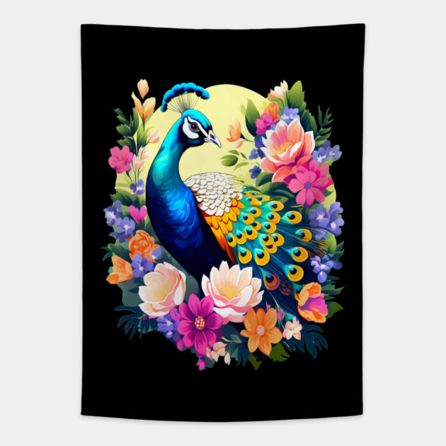 A Cute Peacock Surrounded by Bold Vibrant Spring Flowers Tapestry by BirdsnStuff