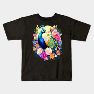 A Cute Peacock Surrounded by Bold Vibrant Spring Flowers Kids T-Shirt