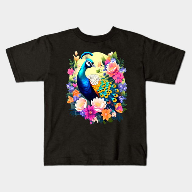 A Cute Peacock Surrounded by Bold Vibrant Spring Flowers Kids T-Shirt by BirdsnStuff