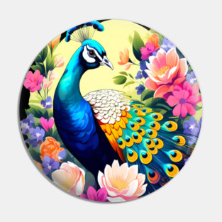 A Cute Peacock Surrounded by Bold Vibrant Spring Flowers Pin