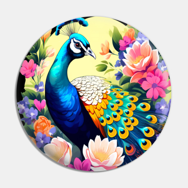 A Cute Peacock Surrounded by Bold Vibrant Spring Flowers Pin by BirdsnStuff