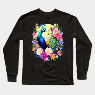 A Cute Peacock Surrounded by Bold Vibrant Spring Flowers Long Sleeve T-Shirt