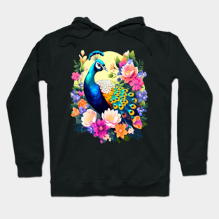 A Cute Peacock Surrounded by Bold Vibrant Spring Flowers Hoodie