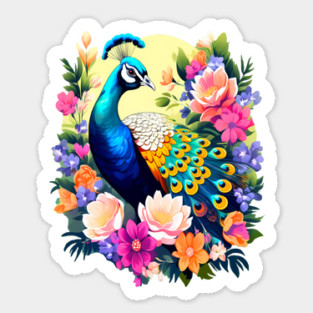A Cute Peacock Surrounded by Bold Vibrant Spring Flowers Sticker