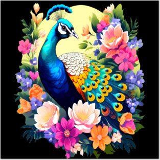 A Cute Peacock Surrounded by Bold Vibrant Spring Flowers Posters and Art