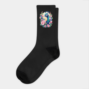 A Cute Peacock Surrounded by Bold Vibrant Spring Flowers Socks