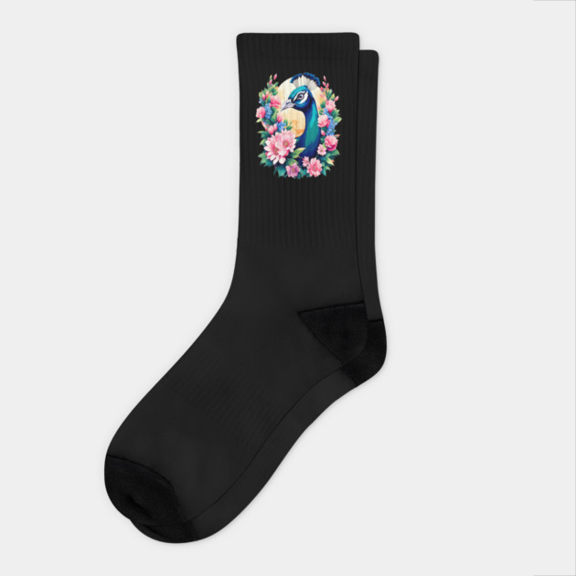 A Cute Peacock Surrounded by Bold Vibrant Spring Flowers Socks by BirdsnStuff