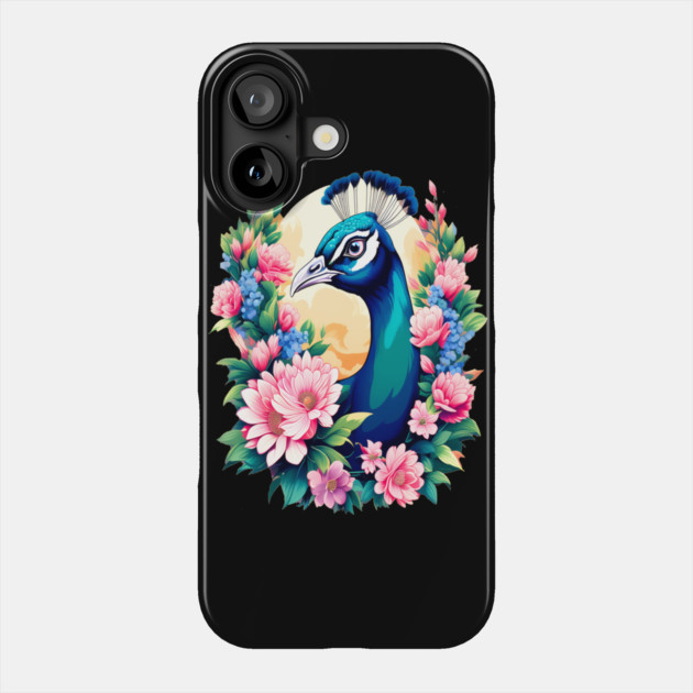 A Cute Peacock Surrounded by Bold Vibrant Spring Flowers Phone Case by BirdsnStuff