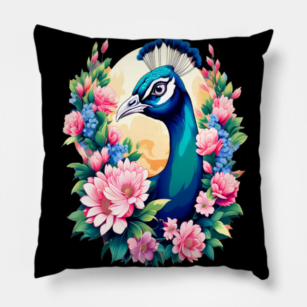 A Cute Peacock Surrounded by Bold Vibrant Spring Flowers Pillow by BirdsnStuff