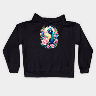 A Cute Peacock Surrounded by Bold Vibrant Spring Flowers Kids Hoodie
