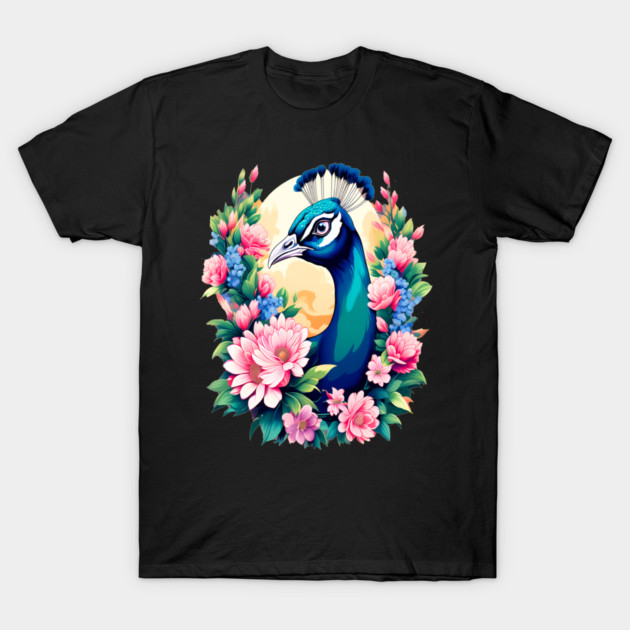 A Cute Peacock Surrounded by Bold Vibrant Spring Flowers T-Shirt by BirdsnStuff