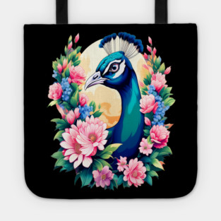 A Cute Peacock Surrounded by Bold Vibrant Spring Flowers Tote