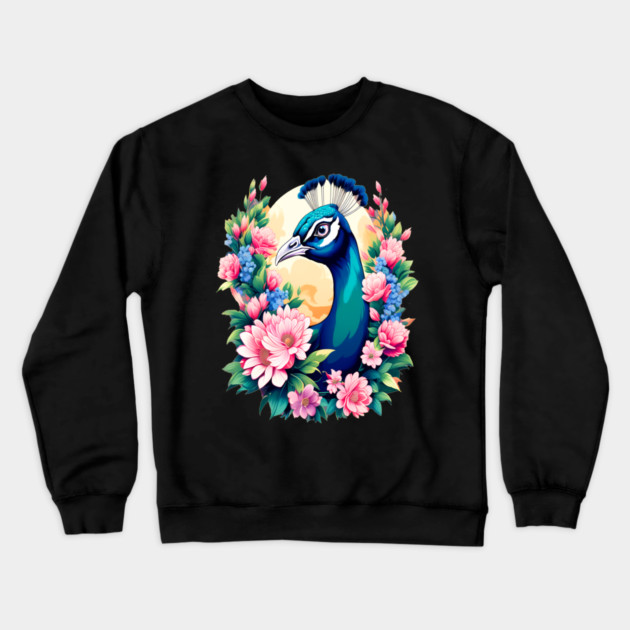 A Cute Peacock Surrounded by Bold Vibrant Spring Flowers Crewneck Sweatshirt by BirdsnStuff