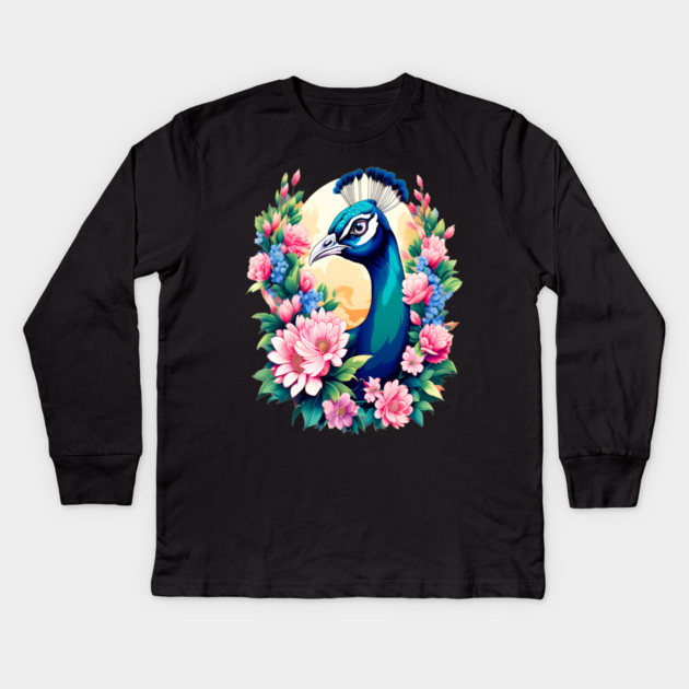 A Cute Peacock Surrounded by Bold Vibrant Spring Flowers Kids Long Sleeve T-Shirt by BirdsnStuff