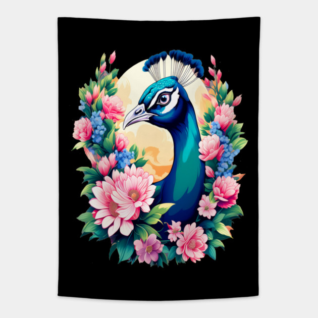 A Cute Peacock Surrounded by Bold Vibrant Spring Flowers Tapestry by BirdsnStuff