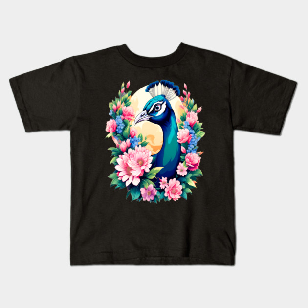 A Cute Peacock Surrounded by Bold Vibrant Spring Flowers Kids T-Shirt by BirdsnStuff