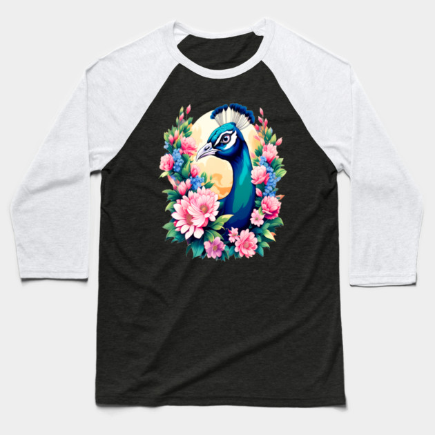 A Cute Peacock Surrounded by Bold Vibrant Spring Flowers Baseball T-Shirt by BirdsnStuff