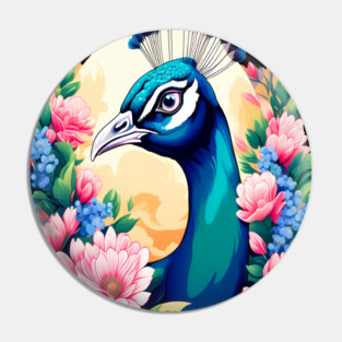 A Cute Peacock Surrounded by Bold Vibrant Spring Flowers Pin