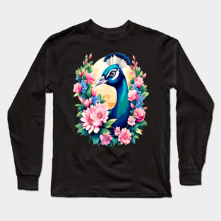 A Cute Peacock Surrounded by Bold Vibrant Spring Flowers Long Sleeve T-Shirt