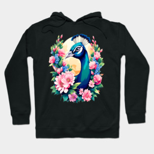 A Cute Peacock Surrounded by Bold Vibrant Spring Flowers Hoodie