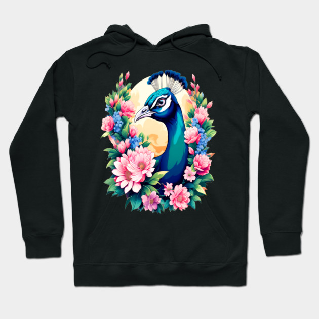 A Cute Peacock Surrounded by Bold Vibrant Spring Flowers Hoodie by BirdsnStuff