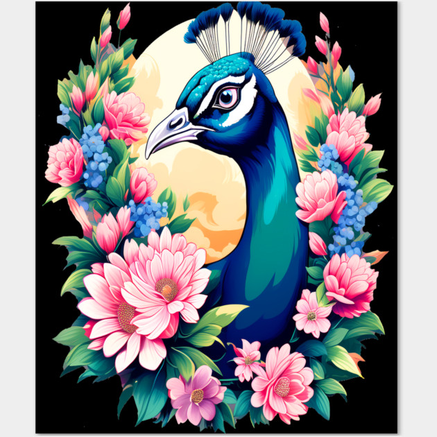 A Cute Peacock Surrounded by Bold Vibrant Spring Flowers Wall Art by BirdsnStuff