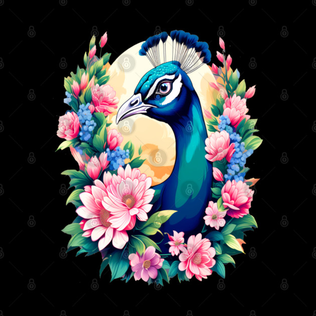 A Cute Peacock Surrounded by Bold Vibrant Spring Flowers by BirdsnStuff