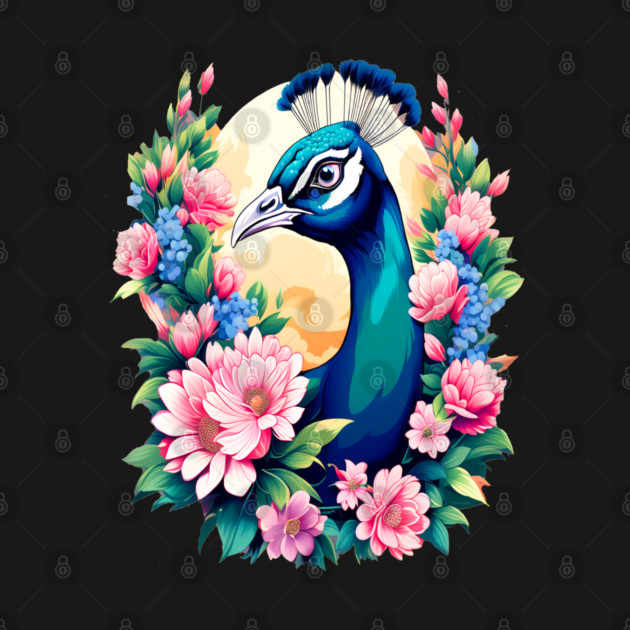A Cute Peacock Surrounded by Bold Vibrant Spring Flowers by BirdsnStuff