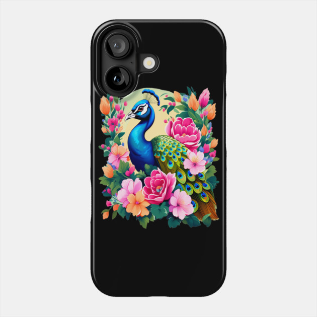 A Cute Peacock Surrounded by Bold Vibrant Spring Flowers Phone Case by BirdsnStuff