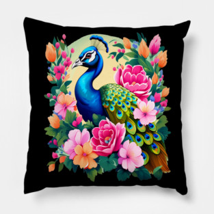 A Cute Peacock Surrounded by Bold Vibrant Spring Flowers Pillow