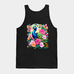 A Cute Peacock Surrounded by Bold Vibrant Spring Flowers Tank Top