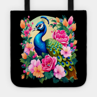 A Cute Peacock Surrounded by Bold Vibrant Spring Flowers Tote