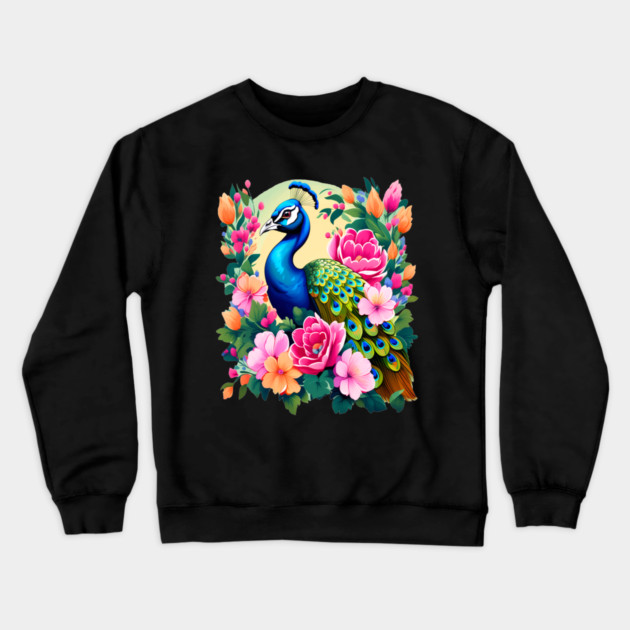 A Cute Peacock Surrounded by Bold Vibrant Spring Flowers Crewneck Sweatshirt by BirdsnStuff