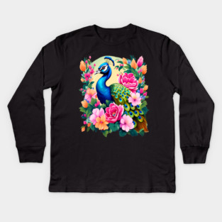 A Cute Peacock Surrounded by Bold Vibrant Spring Flowers Kids Long Sleeve T-Shirt