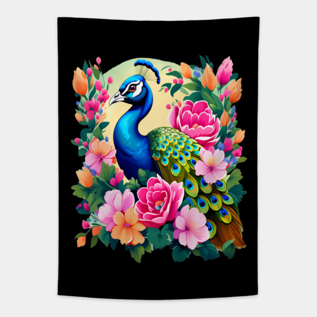 A Cute Peacock Surrounded by Bold Vibrant Spring Flowers Tapestry by BirdsnStuff