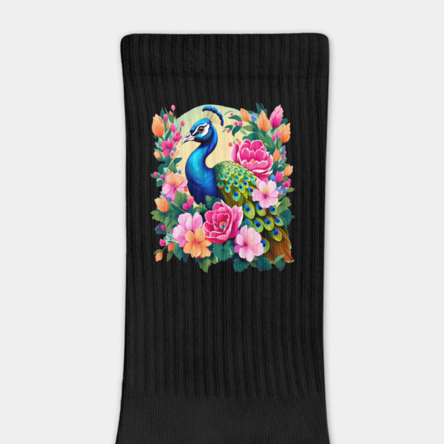 A Cute Peacock Surrounded by Bold Vibrant Spring Flowers by BirdsnStuff