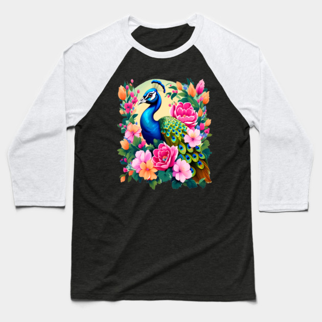 A Cute Peacock Surrounded by Bold Vibrant Spring Flowers Baseball T-Shirt by BirdsnStuff