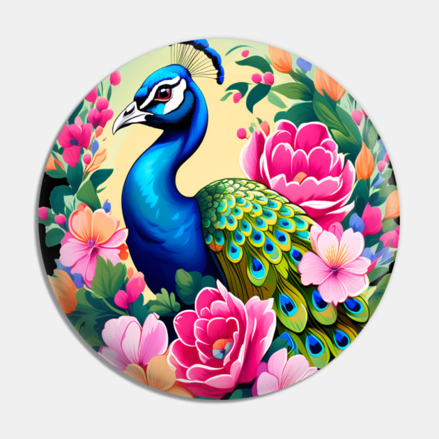A Cute Peacock Surrounded by Bold Vibrant Spring Flowers Pin by BirdsnStuff
