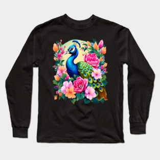 A Cute Peacock Surrounded by Bold Vibrant Spring Flowers Long Sleeve T-Shirt